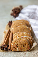 Wall Mural - Shortbread cookies with candied fruits on light concrete background. Tutti Frutti cookies.