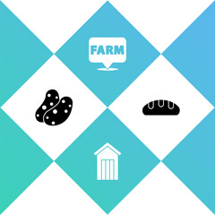 set potato, wooden outdoor toilet, location farm and bread loaf icon. vector.