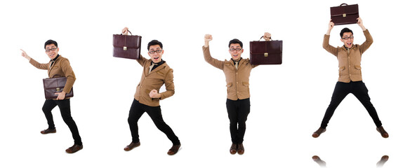 Wall Mural - Young man with brown briefcase isolated on white