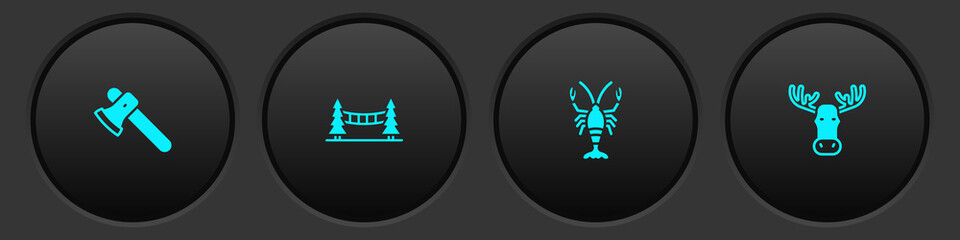 Sticker - Set Wooden axe, Capilano Suspension Bridge, Lobster and Moose head with horns icon. Vector.