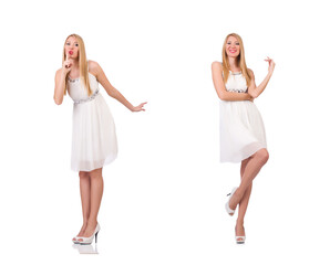 Wall Mural - Beautiful woman in white dress isolated on white