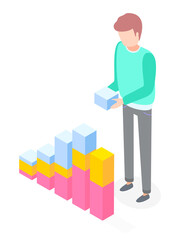 Poster - man is building diagram consisting of vertical color rectangular bar, vector illustration. step grow