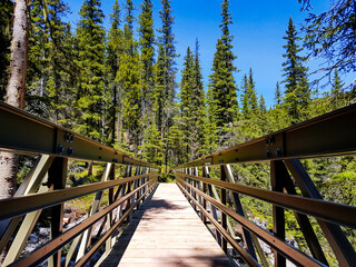 Walking bridge perspective, abover a river in the forest