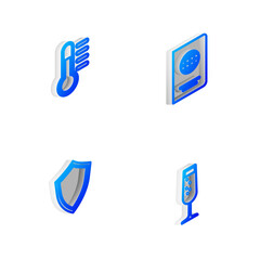 Sticker - Set Isometric line Passport, Thermometer, Shield and Glass of champagne icon. Vector.