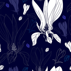 Wall Mural - Seamless pattern with white flowers on a blue background. Hand drawn floral texture.