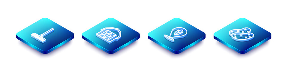 set isometric line garden rake, farm house, location corn and potato icon. vector.