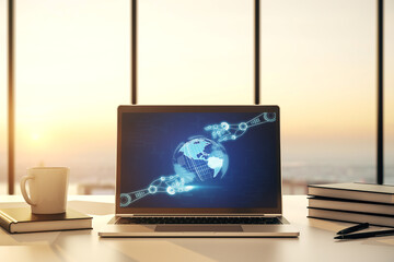 Poster - Modern computer monitor with robotics technology with world map hologram. Research and development software concept. 3D Rendering
