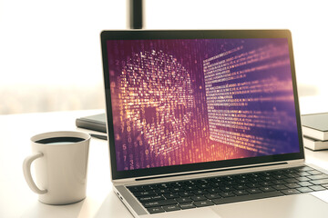 Poster - Creative code skull sketch on modern laptop monitor, theft of personal data and malware concept. 3D Rendering