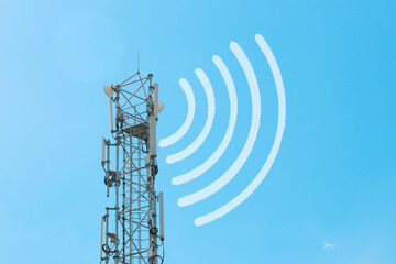 Poster - a radio tower with antennas that broadcasts a signal against the background of a blue sky with clouds