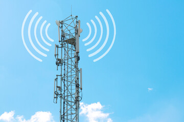 Poster - a radio tower with antennas that broadcasts a signal against the background of a blue sky with clouds