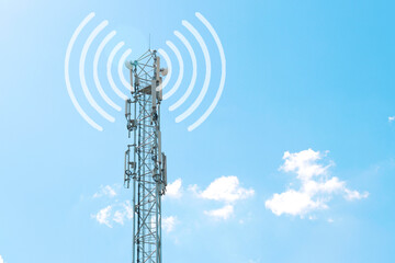 Poster - a tower with antennas that broadcasts a signal against a blue sky with clouds