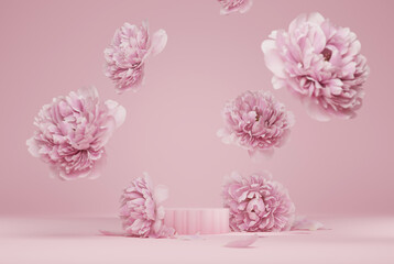 Wall Mural - 3D display podium pastel pink flower  background. Peony blossom falling down. Nature minimal pedestal for beauty, cosmetic product presentation. Valentine, feminine copy space template 3d render