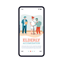 Mobile app interface on phone screen for nursing home. Female doctor nurse help elderly male. Residential for accommodation and health care aged old retired. Vector illustration.