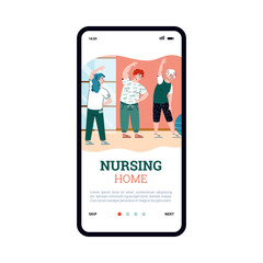 Wall Mural - Mobile phone screen with old people doing physical exercises. Gerontology care, medical assistance for elderly retired in nursing home. Healthcare for seniors. Vector illustration.