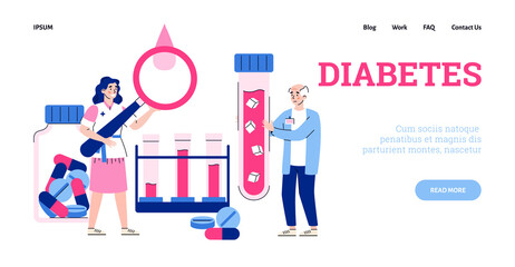 Wall Mural - Website page interface for diabetes disease clinic or medical glucose test laboratory, flat cartoon vector illustration. Landing web page mockup for diabetes treat.