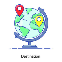 Wall Mural - 
World globe with location pins, flat outline icon of destination 

