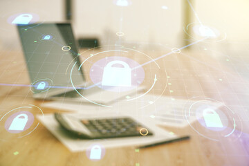 Aufkleber - Double exposure of virtual creative lock hologram with chip on blurry calculator with laptop background. Information security concept