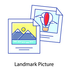 
Landmark pictures in flat outline concept icon showing, tour description
