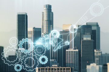 Poster - Abstract virtual robotics technology hologram on Los Angeles skyline background. Robot development and automation concept. Multiexposure