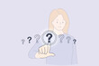 © Dzianis Vasilyeu - Question mark button concept. Young woman standing and choosing one of question marks touching with finger on screen vector illustration