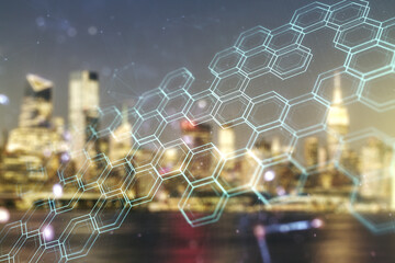 Poster - Abstract virtual technology sketch with hexagon grid on blurry office buildings background, future technology and AI concept. Double exposure