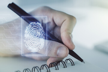 Poster - Multi exposure of abstract creative fingerprint illustration with man hand writing in notebook on background, digital access concept