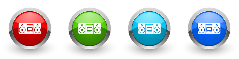 Aufkleber - Music, stereo portable equipment silver metallic glossy icons, set of modern design buttons for web, internet and mobile applications in four colors options isolated on white background