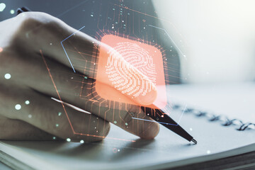 Aufkleber - Double exposure of abstract creative fingerprint hologram with man hand writing in notepad on background, protection of personal information concept