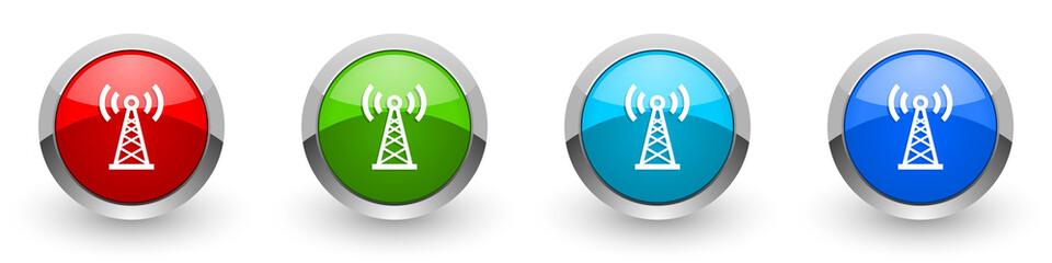 Poster - Antenna, network silver metallic glossy icons, set of modern design buttons for web, internet and mobile applications in four colors options isolated on white background