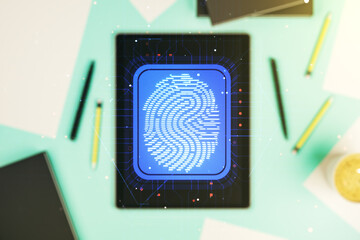 Leinwandbilder - Multi exposure of abstract creative fingerprint illustration and modern digital tablet on background, top view, digital access concept