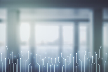 Poster - Double exposure of abstract virtual circuit hologram on empty modern office background. Research and development hardware concept