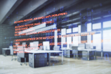 Aufkleber - Multi exposure of abstract programming language hologram on a modern furnished office interior background, artificial intelligence and machine learning concept