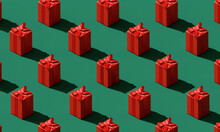 Pattern Red Gift Boxes On Green Background. 3d Rendering