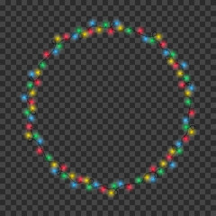 Aufkleber - Frame made of Christmas light garland. Color circle border garlands for holiday decoration. Realistic Xmas lights bulbs frame at transparent background. Vector.