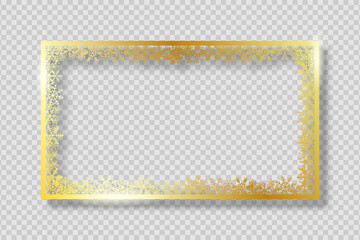 Leinwandbilder - Gold frame with golden snowflakes. Banner for Merry Christmas and New Year text or photo. Golden rectangle border with gold snowflake on transparent background with shadow. Vector.