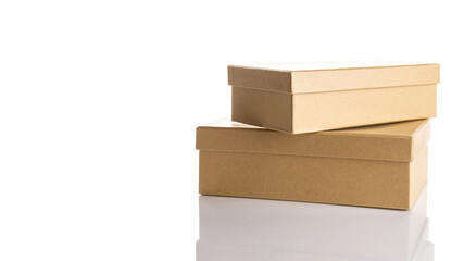 Mockup box paper. Brown cardboard carton package for shipping delivery isolated on white background. Closed craft paper object mockup for design.