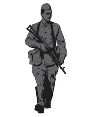 soviet army soldier in uniform with a machine gun. isolated figures on white background