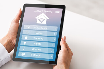 Poster - Remote Smart Home Control System Opened On Digital Tablet In Female Hands