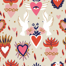 Various Sacred Hearts. Traditional Mexican Hearts. Hand Drawn Colored Trendy Vector Illustration. Seamless Pattern