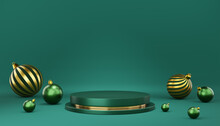 Empty Green And Gold Cylinder Podium With Christmas Ornaments On Green Background. Abstract Minimal Studio 3d Geometric For Christmas. Mockup For Merry Christmas. 3d Rendering.