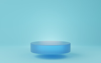 Wall Mural - Empty blue cylinder podium floating on blue background. Abstract minimal studio 3d geometric shape object. Mockup space for display of product design. 3d rendering.