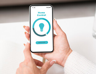 Poster - Woman Using Home Control App On Smartphone For Smart House Automation
