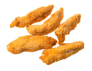 several chicken strips (breaded and deep fried pieces of chicken meat) isolated on white background