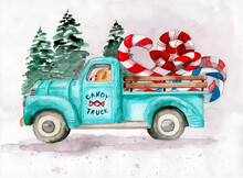 Watercolor Illustration Of A Blue Truck With Bear Driver Carrying Some Colorful Candy Canes