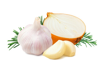 Wall Mural - Onion, peeled garlic cloves and rosemary isolated on white background