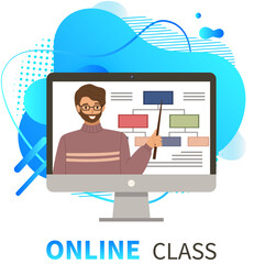 Poster - Online education, training or e-learning concept. Website for education and business courses. Smiling man in glasses standing with pointer and presenting distance learning services using internet