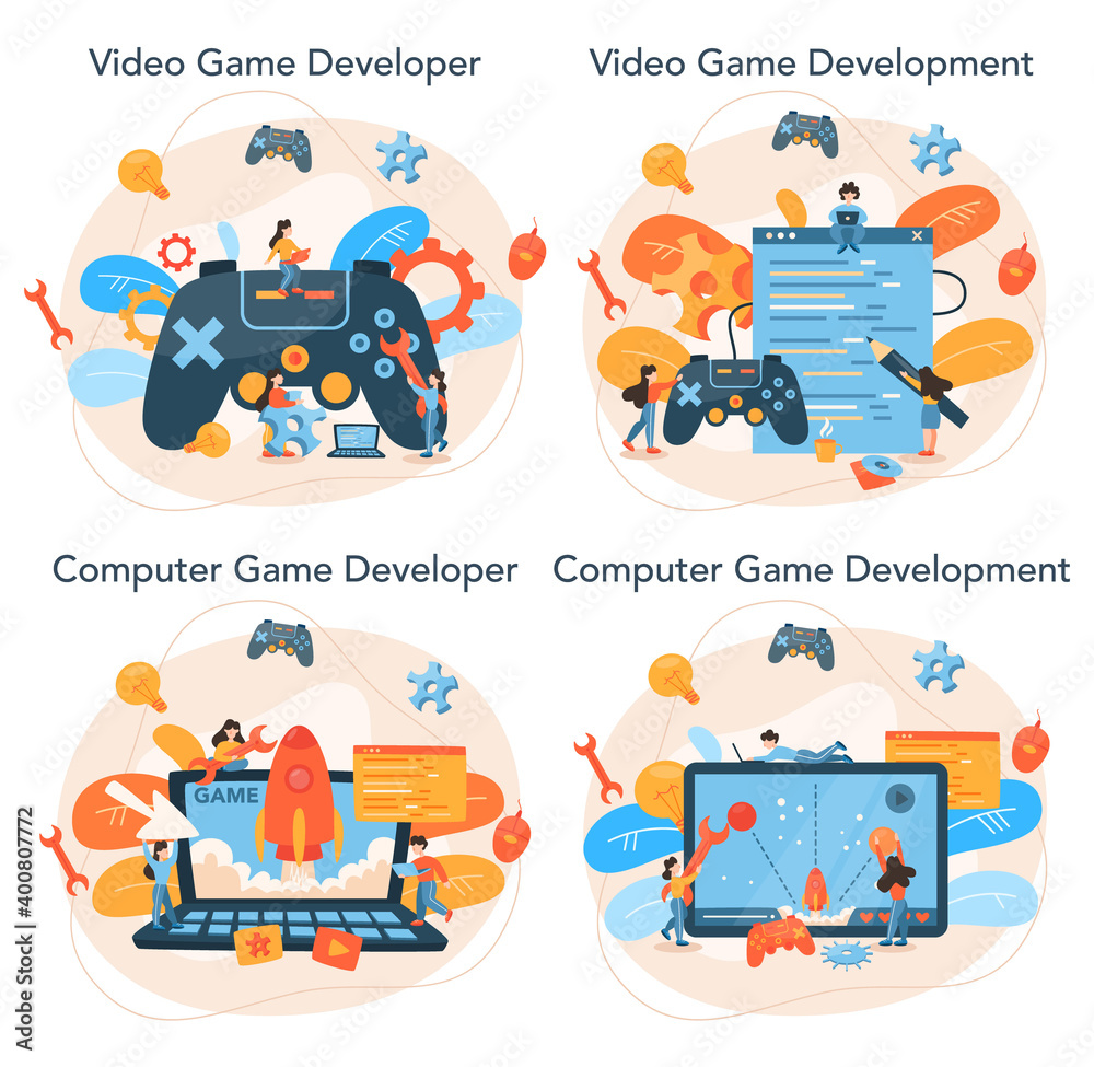 Game development concept set. Creative process of a computer video game ...