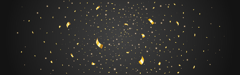Poster - Gold confetti wide banner. Luxury glowing particles on dark backdrop. Festive golden powder. Celebration lights. Decoration template for card, poster, anniversary. Vector illustration