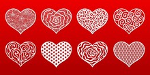 Hearts Paper Cut Templates With Carved Pattern. Valentine's Day Card, Wedding Invitations. Vector Set Stencils. Decorative Holidays Symbol. For Laser, Plotter Cutting, Printing On T Shirts.