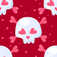 Wall Mural - seamless pattern. skull with heart eyes. skull in love ironic icon. skull doodle. vector graphic. va